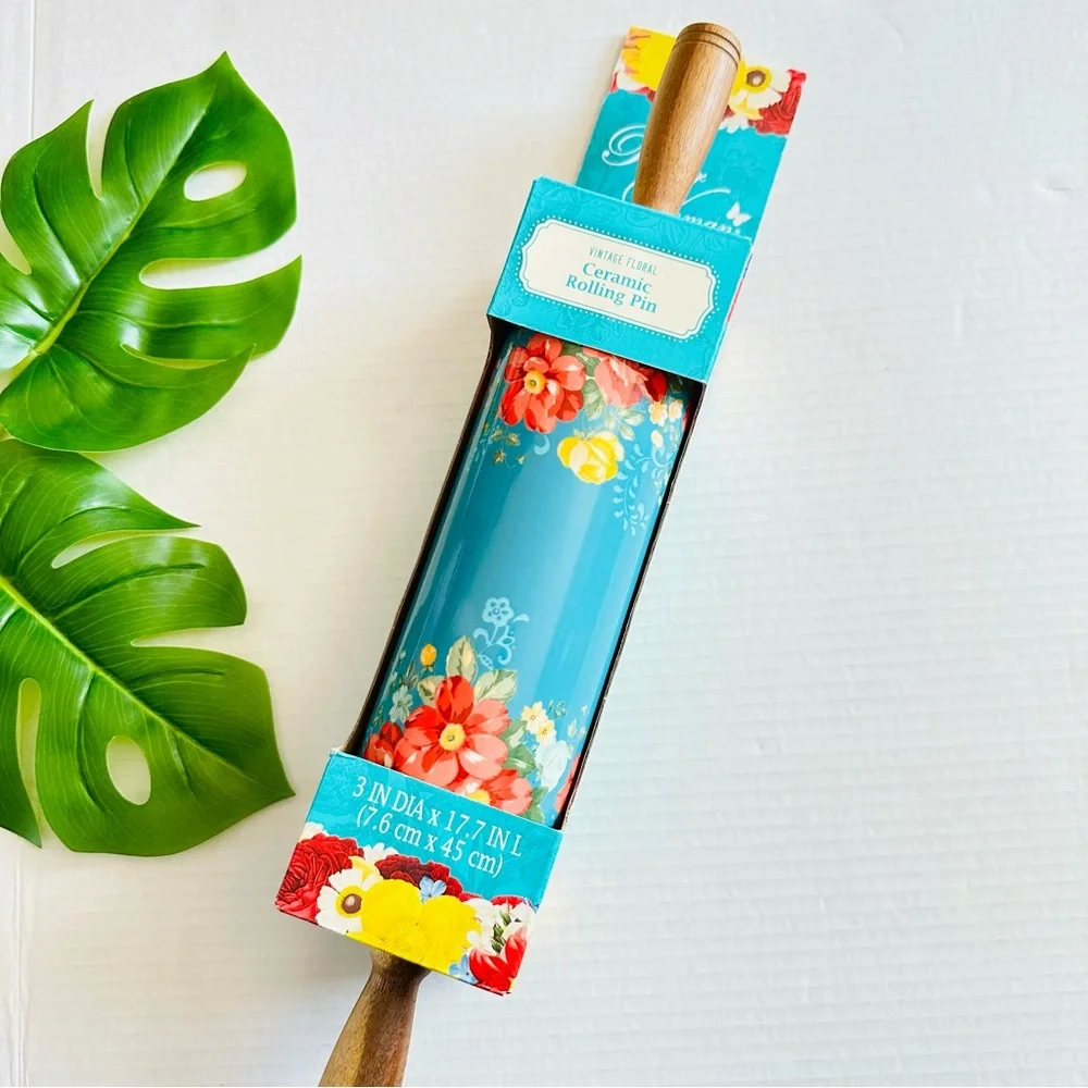 The Pioneer Woman Vintage Floral Ceramic Rolling Pin with Acacia Wood Handles